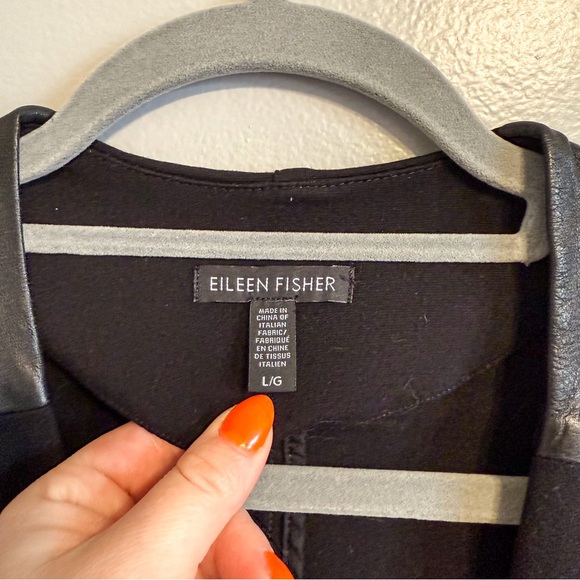 Eileen Fisher Black Open Front Jacket Leather Shoulder Trim Size Large - Picture 3 of 6